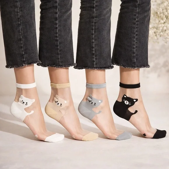Adorable Sheer Cat Socks 4-Pair Set | Cat Ankle Socks | Cat Lover Gift NWT - Picture 1 of 4